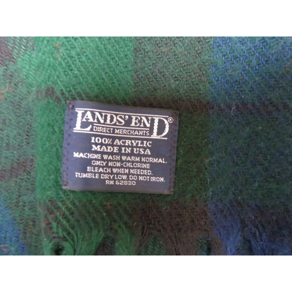 Lands' End Plaid Stadium Blanket Navy and‎ Green Acrylic Tartan w/Fringe 67x54